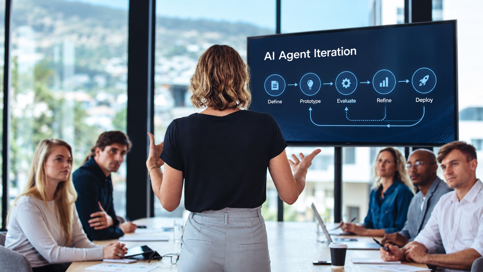 A team discussing an AI agent iteration process