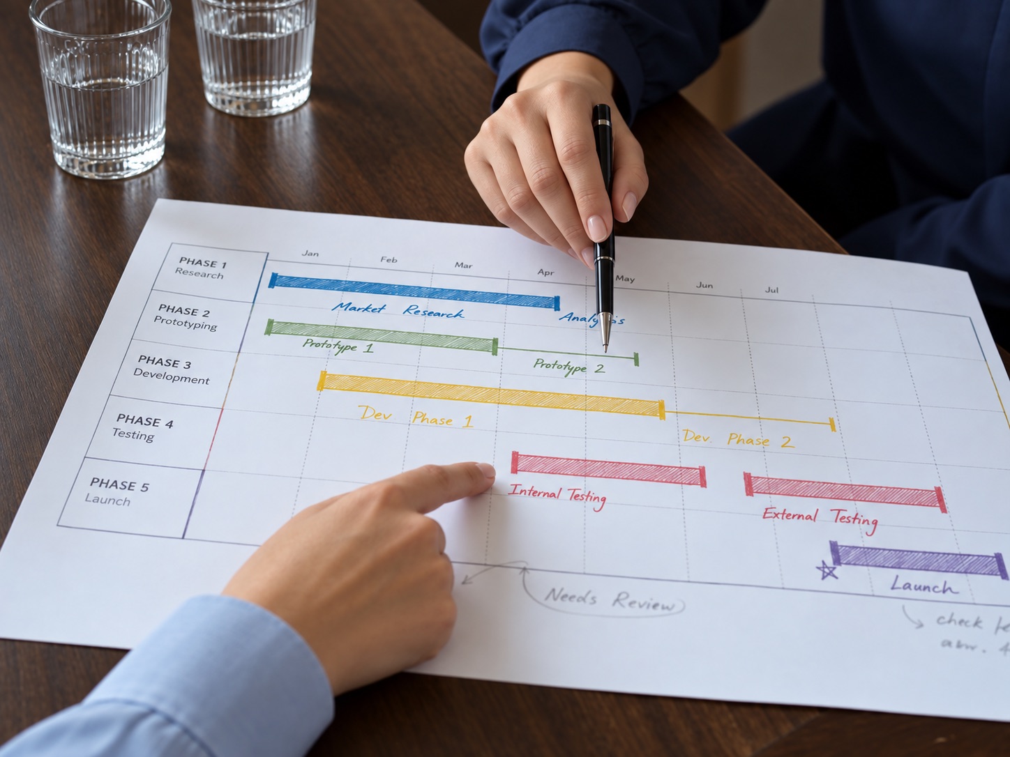 Hands reviewing a phased delivery roadmap