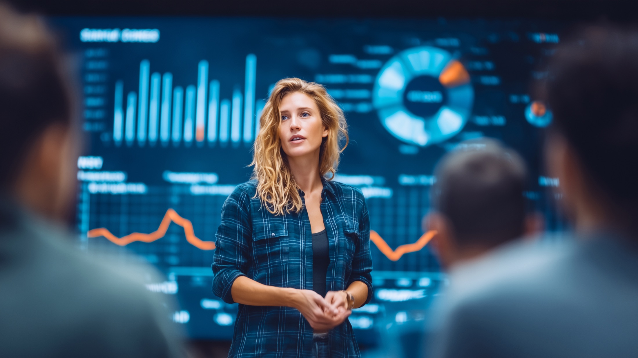 An analyst discussing data with a team in front of visualizations