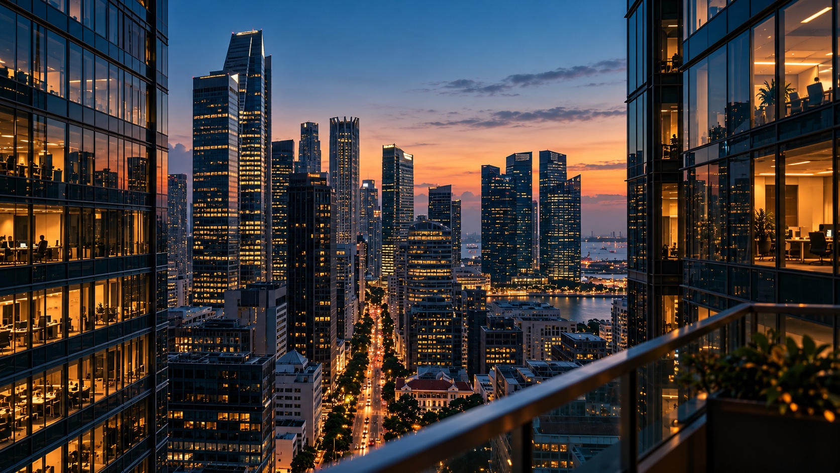 city business district at dusk